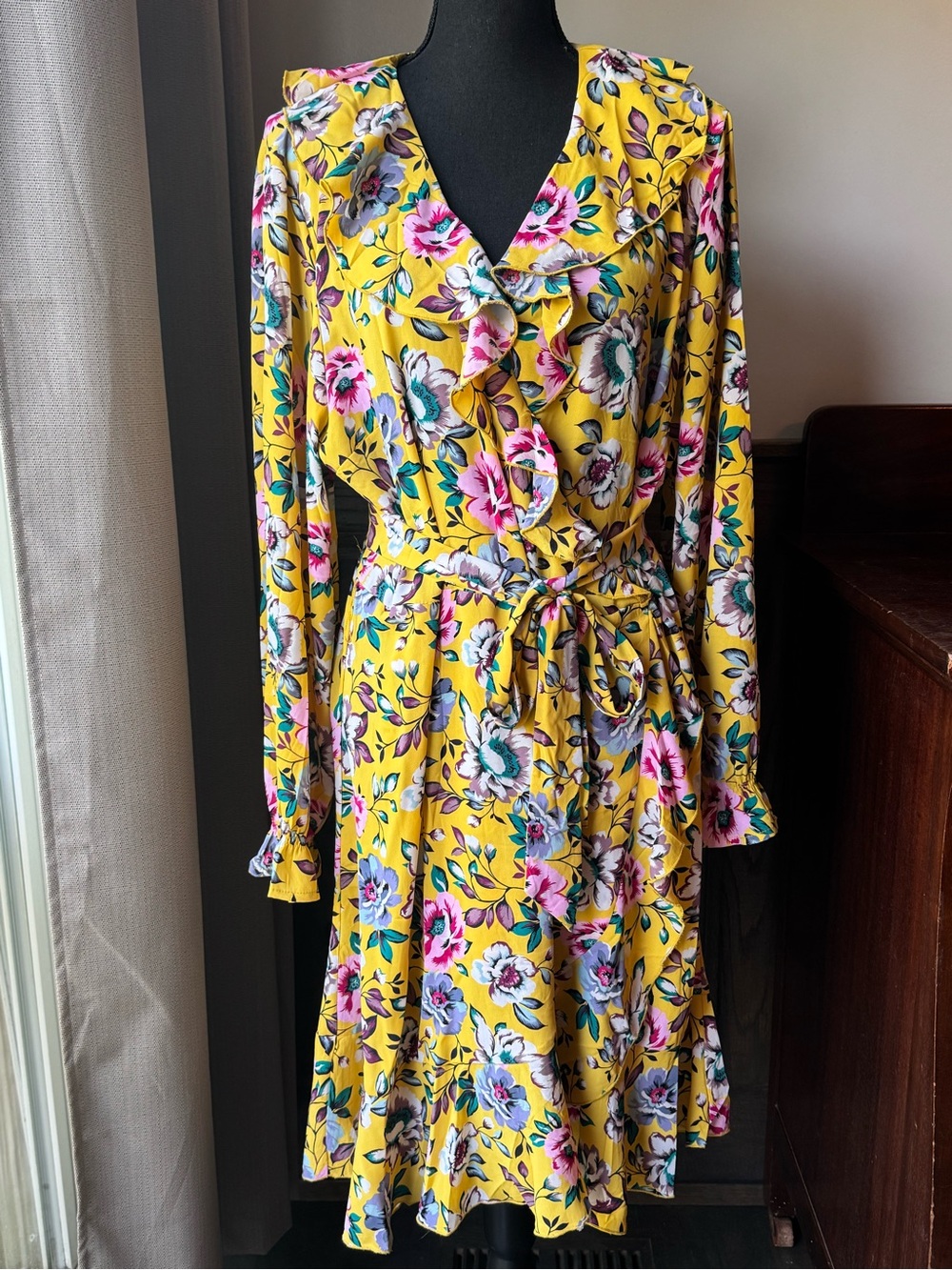 Kate & Mallory Yellow Floral Ruffle Wrap Dress XL EUC